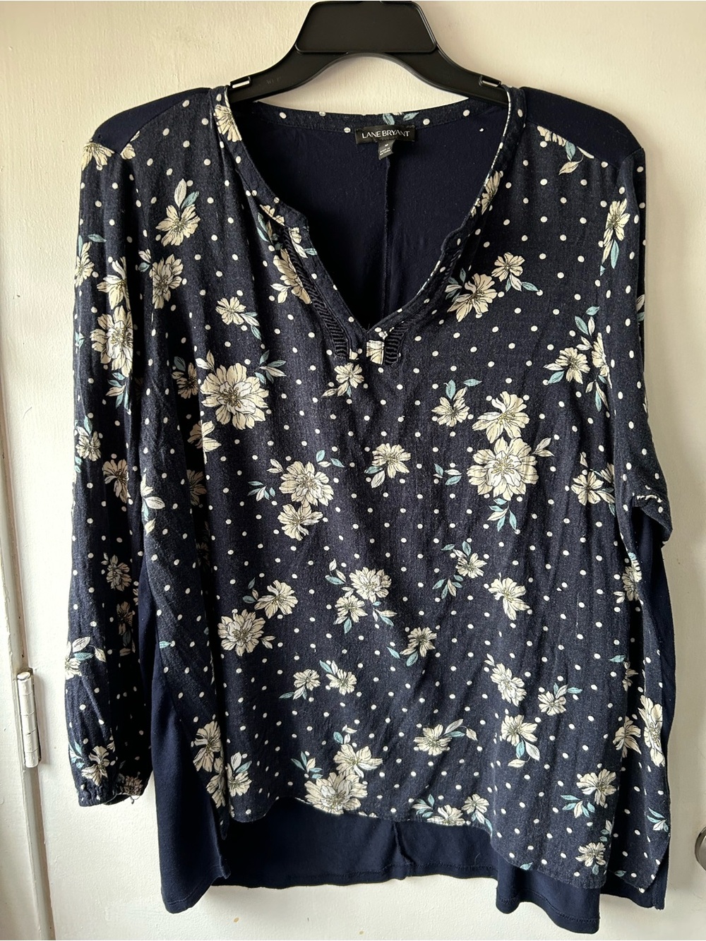 Lane Bryant Navy Floral & White Polka Dot Long Sleeve Top